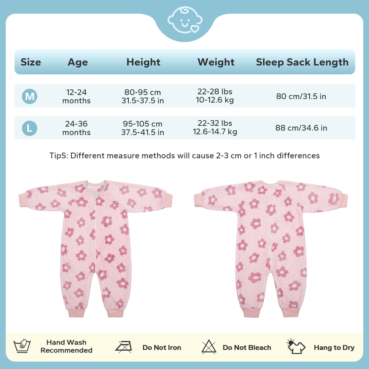 Flannel Toddler Sleep Sack 1.5 Tog Baby Girls Pajamas For 12-36 Months With 2-Way Zipper-Flower