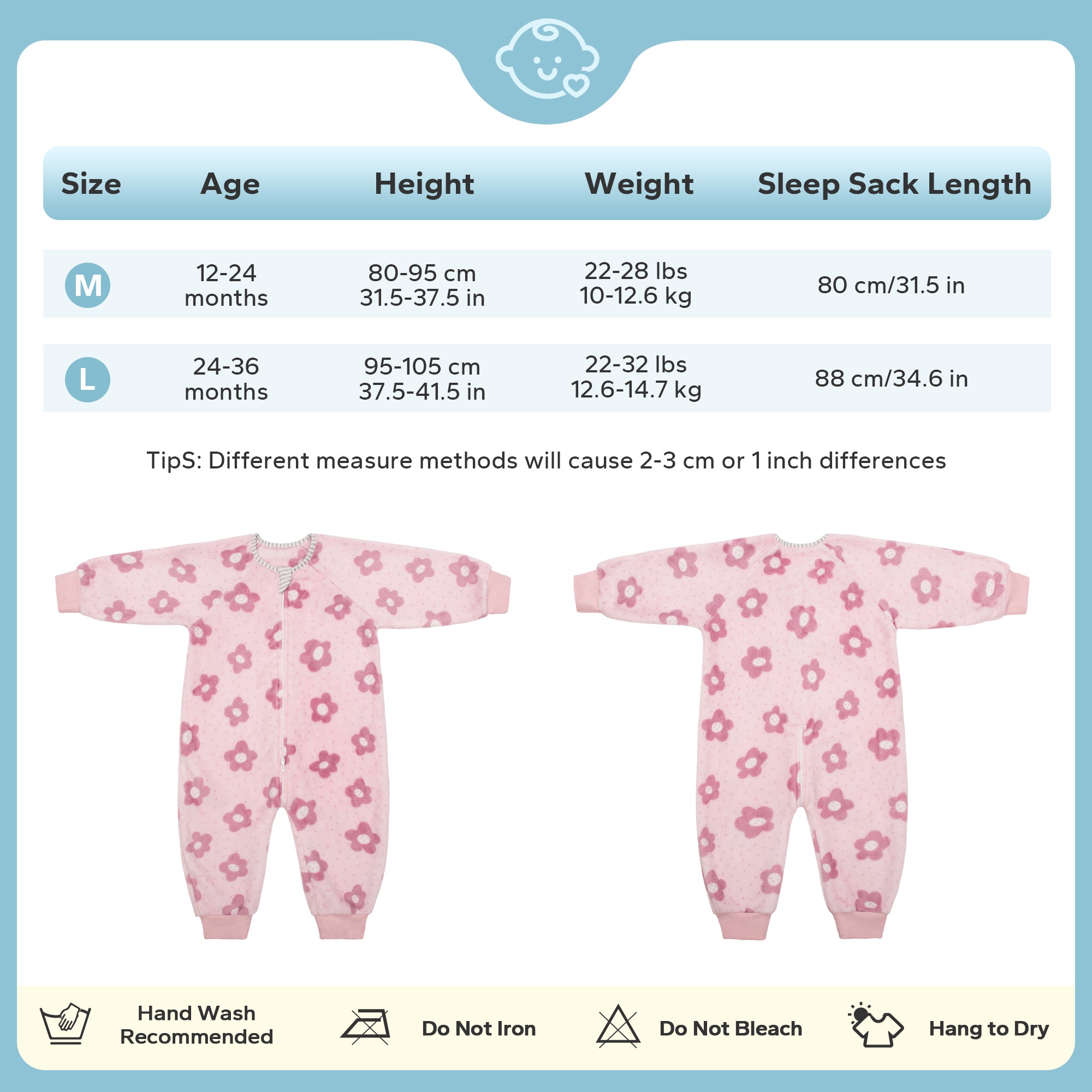 Flannel Toddler Sleep Sack 1.5 Tog Baby Girls Pajamas For 12-36 Months With 2-Way Zipper-Flower