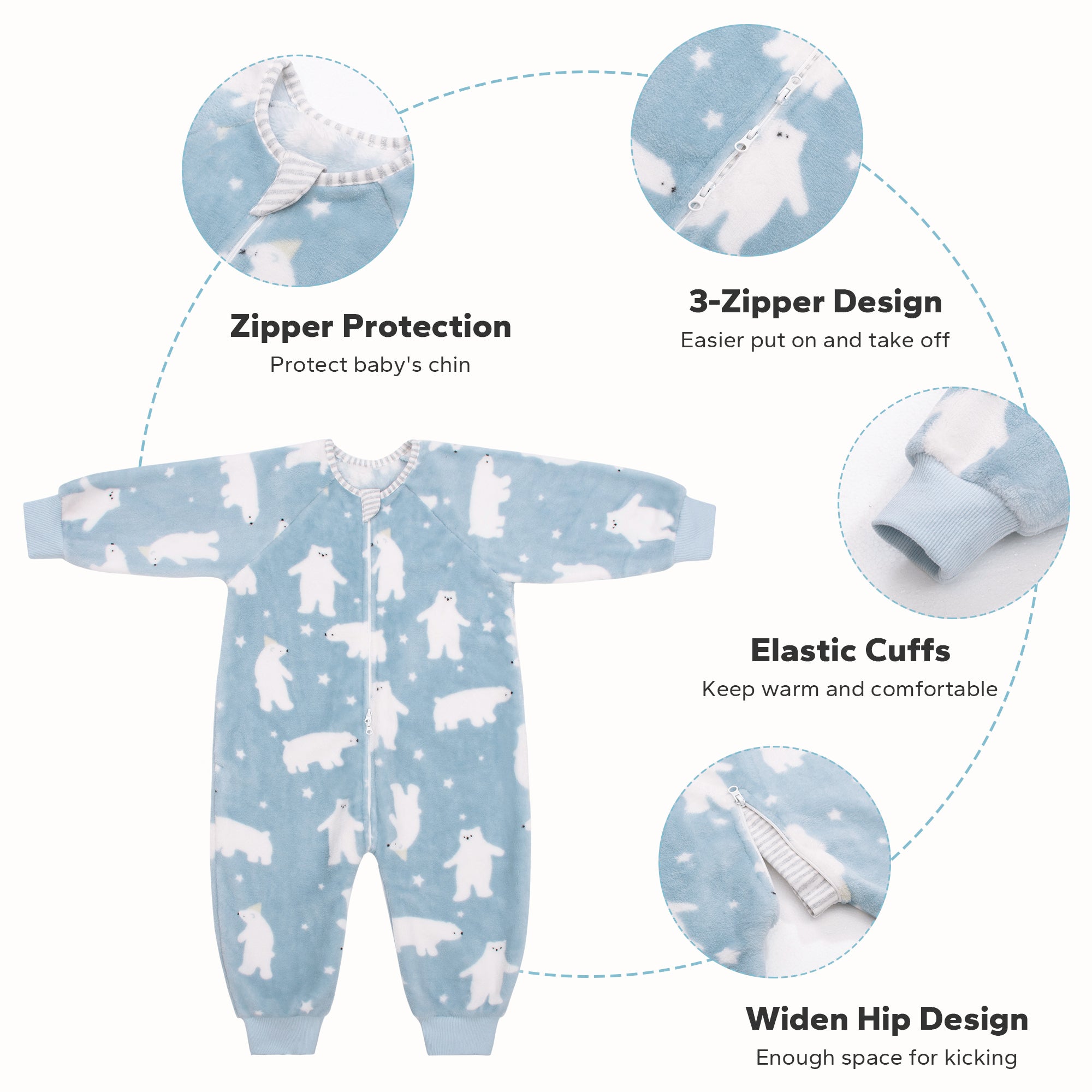 Flannel Toddler Sleep Sack 1.5 Tog Baby Pajamas For 12-36 Months With 2-Way Zipper-Polar Bear