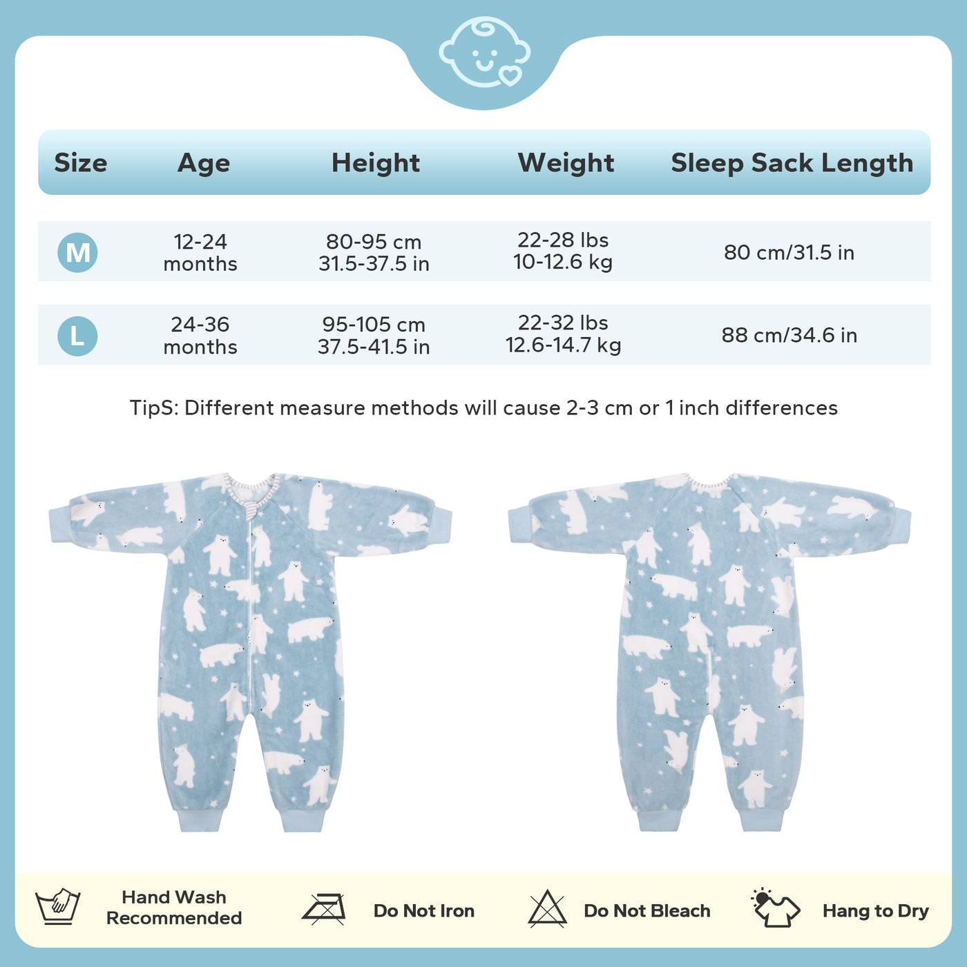 Flannel Toddler Sleep Sack 1.5 Tog Baby Pajamas For 12-36 Months With 2-Way Zipper-Polar Bear